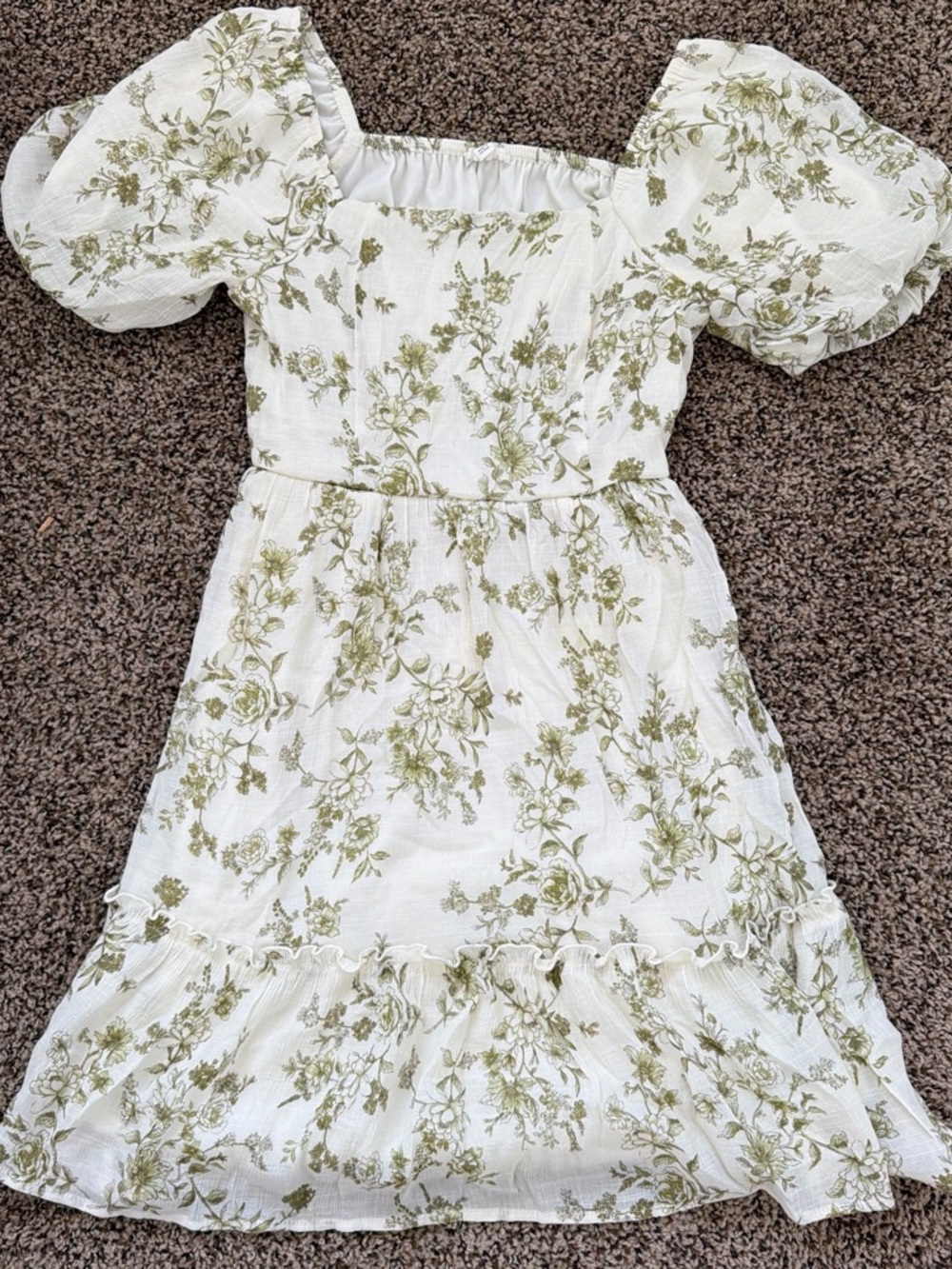 Blu Pepper White Dress with Olive Green Floral Puff Sleeves